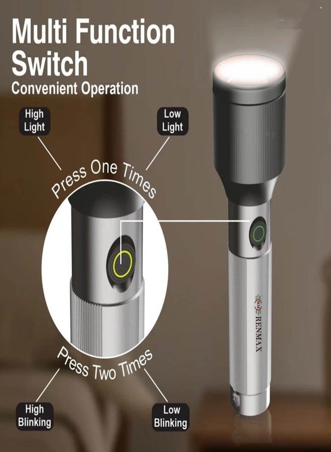 RENMAX Hand Torch Light 100W Zoom Focus Waterproof Rechargeable High/Low/Flash/SOS/Dimmable Light Modes LED Laser Flash Annodised Metal- 1Pc - Image 2